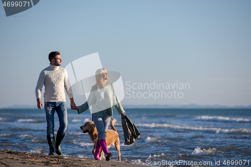 Image of couple with dog having fun on beach on autmun day