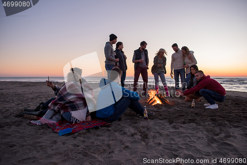 Image of Friends having fun at beach on autumn day