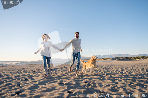 Image of couple with dog having fun on beach on autmun day