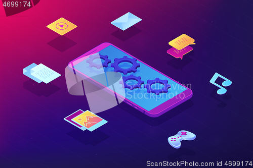 Image of Mobile content isometric 3D concept illustration.