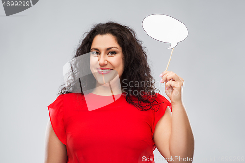 Image of happy woman in red dress holding speech bubble