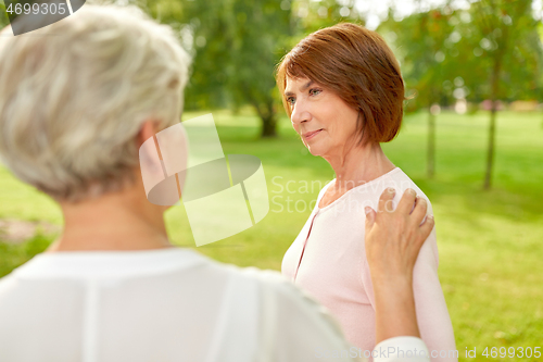 Image of senior women or friends talking at summer park