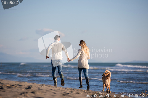 Image of couple with dog having fun on beach on autmun day