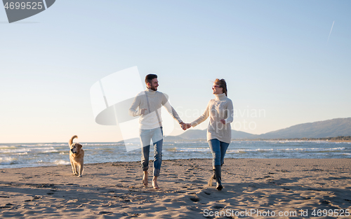 Image of couple with dog having fun on beach on autmun day