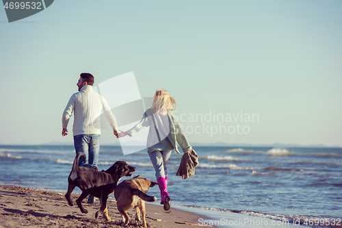 Image of couple with dog having fun on beach on autmun day