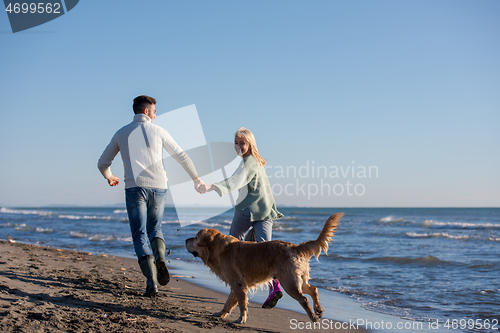 Image of couple with dog having fun on beach on autmun day