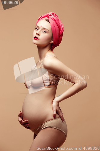 Image of Young beautiful pregnant woman posing on brown background