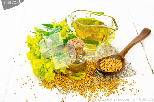 Image of Oil mustard in jars and gravy boat on white board