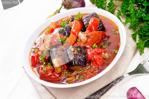 Image of Ragout vegetable with eggplant on white board