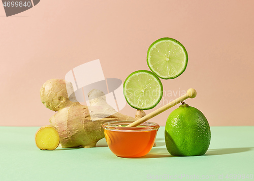 Image of composition of ginger, honey and lime