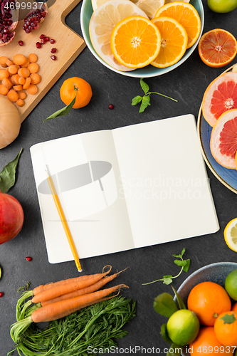 Image of close up of notebook, fruits and vegetables