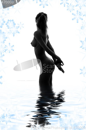 Image of monochrome silhouette image of naked girl in water