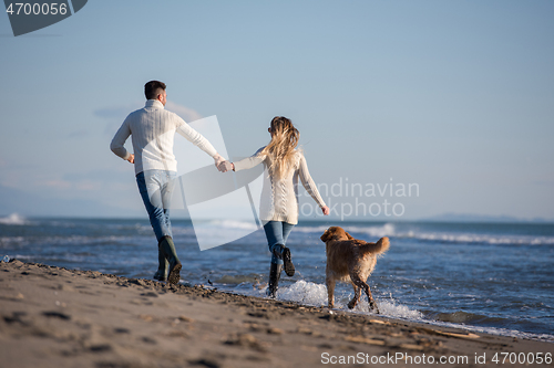 Image of couple with dog having fun on beach on autmun day