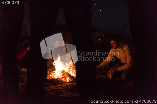 Image of Friends having fun at beach on autumn day