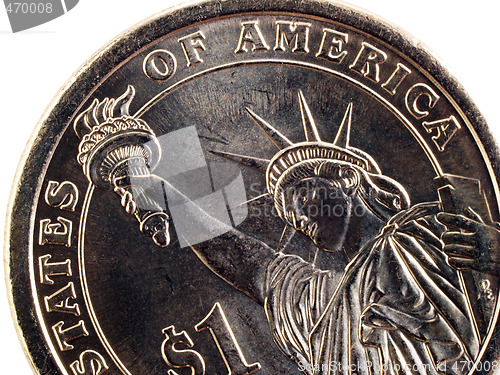 Image of Closeup detail of US one dollar gold coin tail