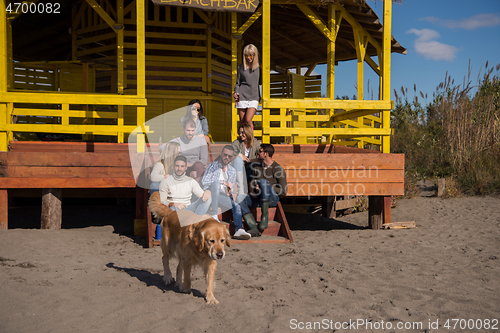 Image of Group of friends having fun on autumn day at beach