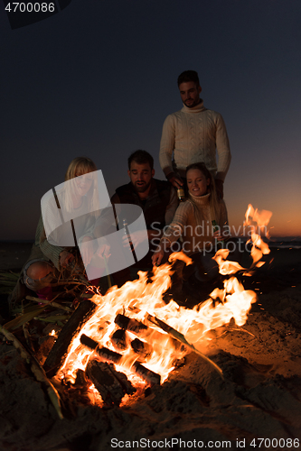 Image of Friends having fun at beach on autumn day