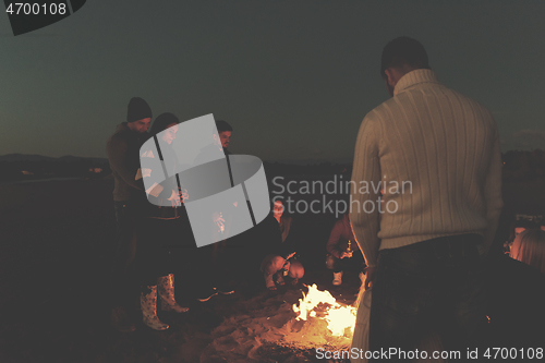 Image of Friends having fun at beach on autumn day