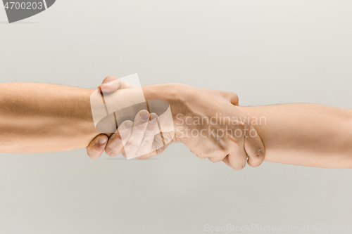 Image of Male hands demonstrating a gesture of holding and strong isolated on gray studio background.