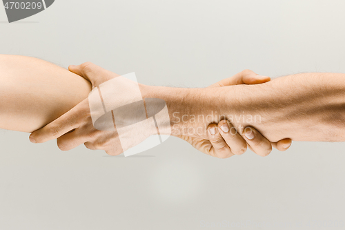 Image of Male hands demonstrating a gesture of holding and strong isolated on gray studio background.