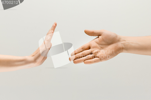 Image of Two male hands isolated on grey studio background