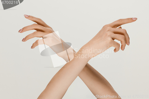 Image of Male and female hands demonstrating a gesture of getting touch isolated on gray background