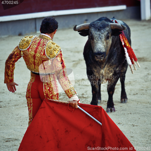 Image of Traditional corrida, bullfighting in spain. Bulfighting has been prohibited in Catalunia since 2011 for animal torturing.