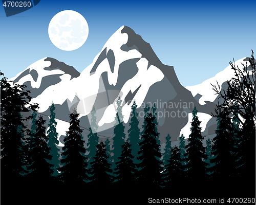 Image of High mountains on background wood early in the morning