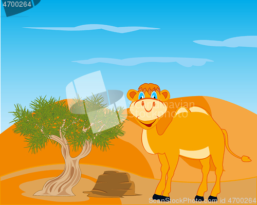 Image of Peschannaya desert with animal camel and tree saxaul