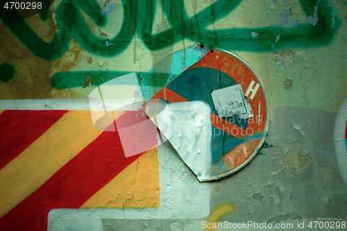 Image of Old wall with graffiti and damaged No Entry sign