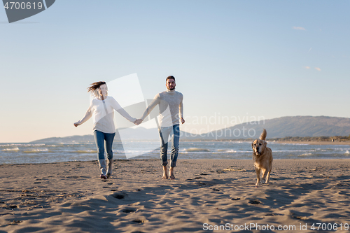 Image of couple with dog having fun on beach on autmun day