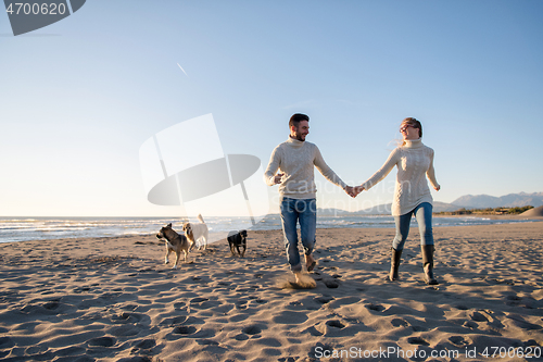 Image of couple with dog having fun on beach on autmun day