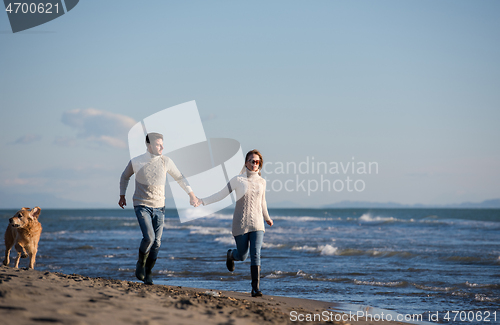 Image of couple with dog having fun on beach on autmun day