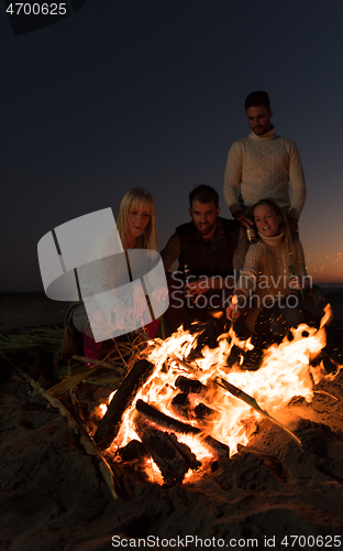 Image of Friends having fun at beach on autumn day