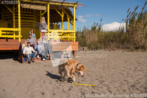 Image of Group of friends having fun on autumn day at beach