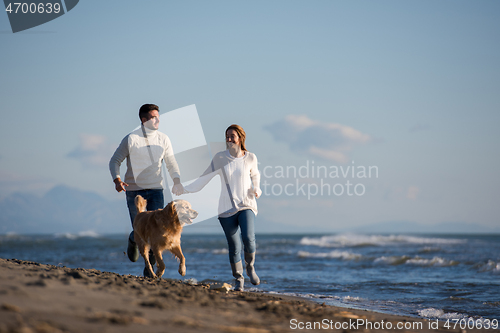 Image of couple with dog having fun on beach on autmun day