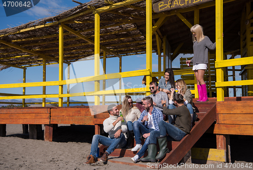 Image of Group of friends having fun on autumn day at beach