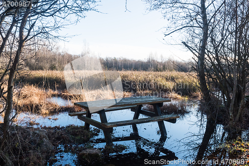 Image of Resting place with wooden table by a marshland