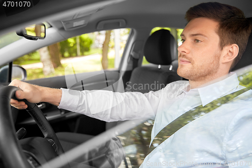 Image of man or driver driving car in summer