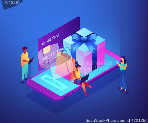 Image of Online gift purchase isometric 3D concept illustration.