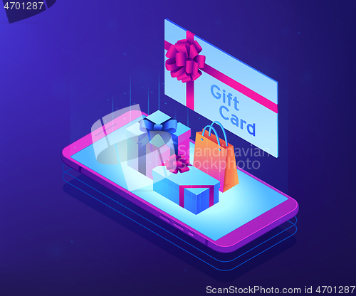 Image of Digital gift card isometric 3D concept illustration.