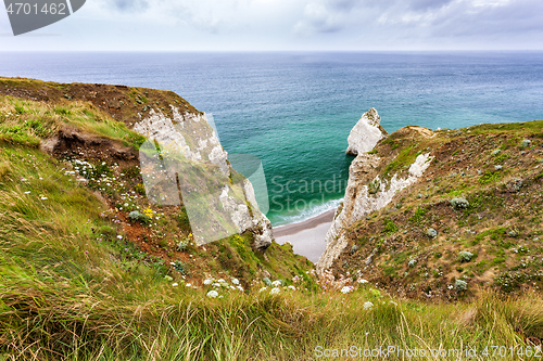 Image of View from natural chalk cliffs of Etretat