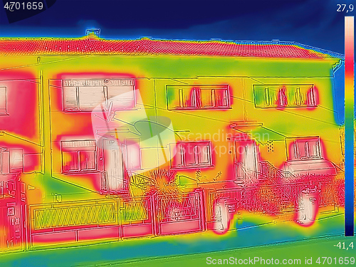 Image of Thermal image of a family house where heat loss is seen