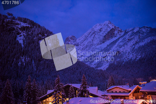 Image of mountain village in alps  at night