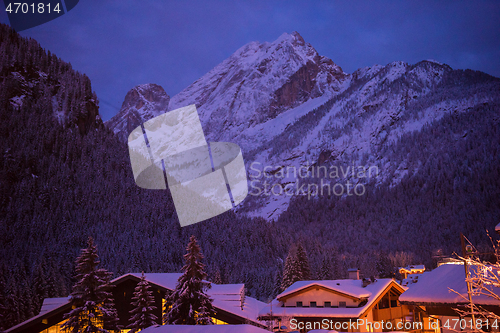 Image of mountain village in alps  at night