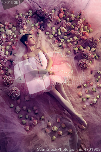 Image of Young woman in pink ballet tutu surrounded by flowers