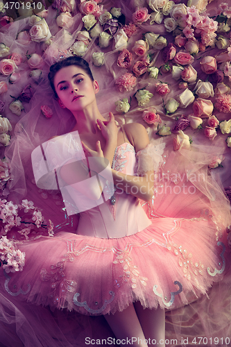 Image of Young woman in pink ballet tutu surrounded by flowers