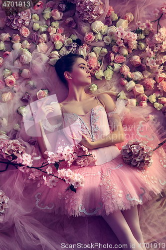 Image of Young woman in pink ballet tutu surrounded by flowers