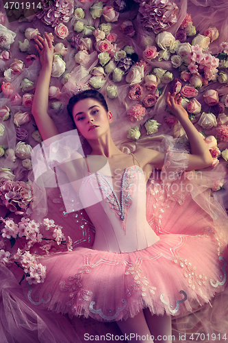 Image of Young woman in pink ballet tutu surrounded by flowers