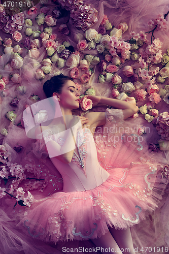 Image of Young woman in pink ballet tutu surrounded by flowers